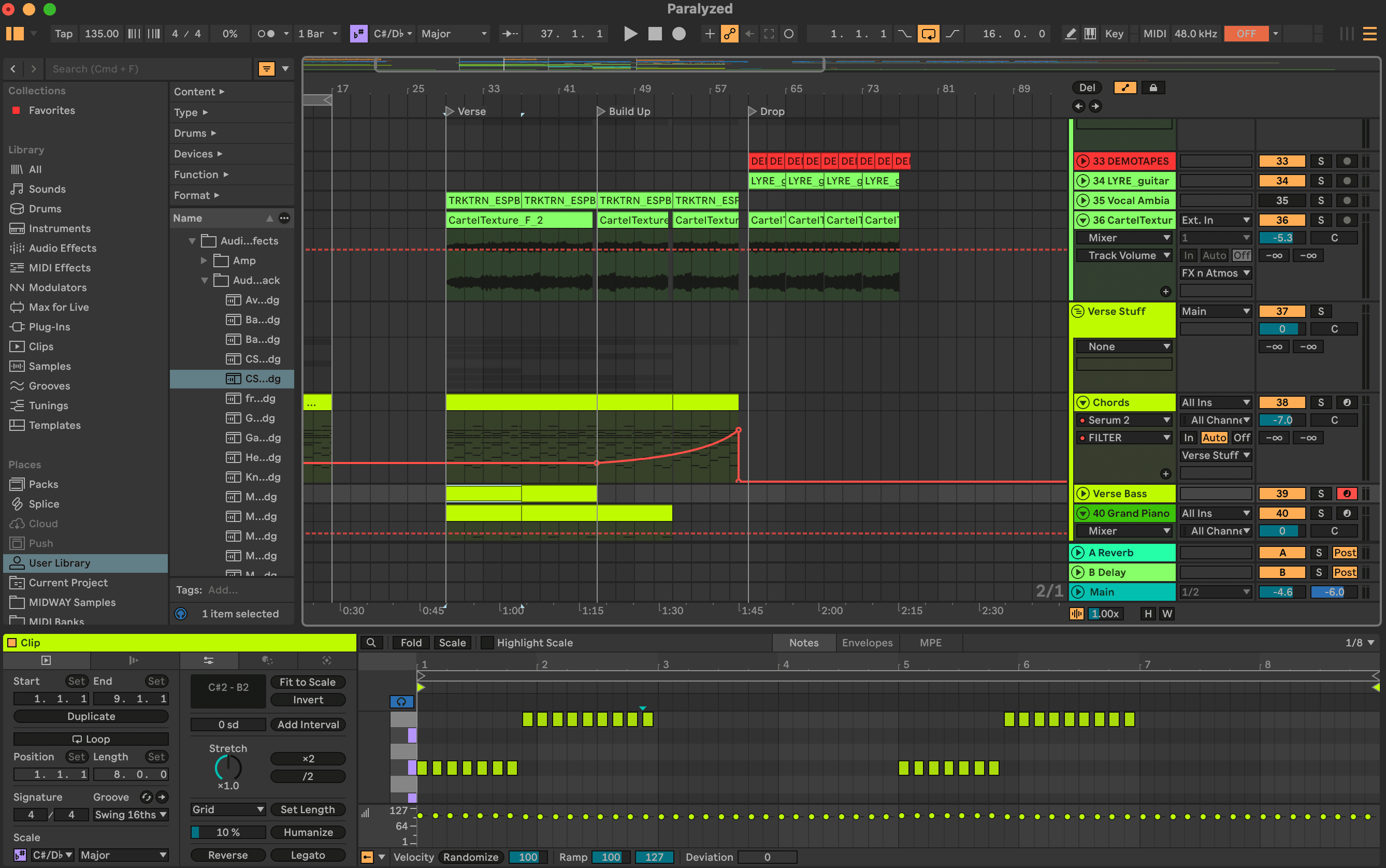Ableton Live arrangement view of the session Paralyzed, drop at bar 65